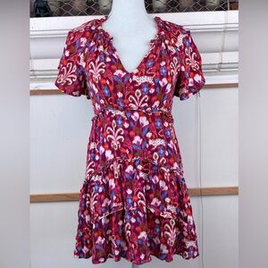 Anthropologie Red Floral V-Neck Tiered Mini Babydoll Dress lined top approx. 4
